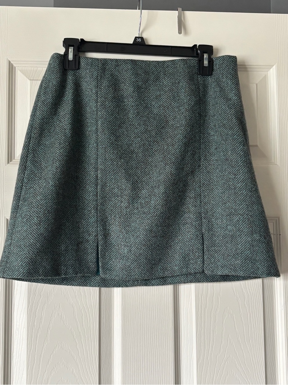 Boden British Tweed by Moon Teal Herringbone Wool Mini Skirt Size 8 Petite